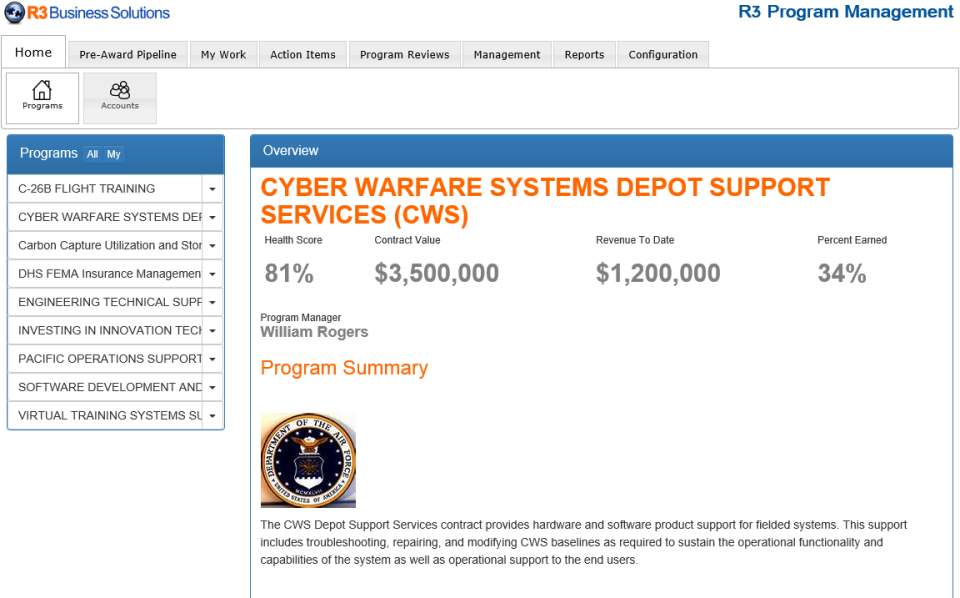 screenshot of R3 Program Management for GovCon